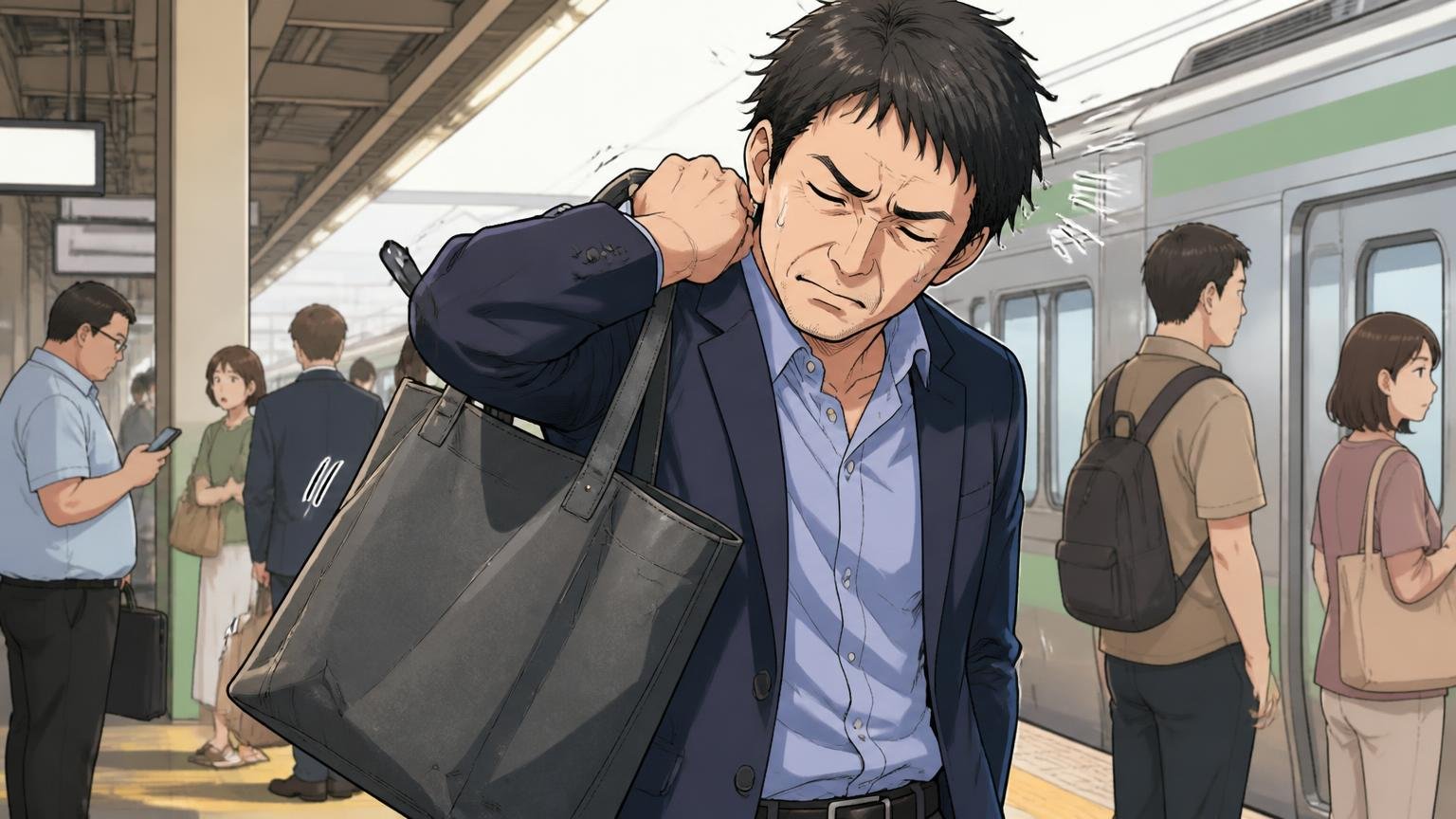 気になる口コミ：重さ・写真との違い・型崩れ 駅のホームで重いトートを肩にかけ直す場面 40代男性1人が顔をしかめる
