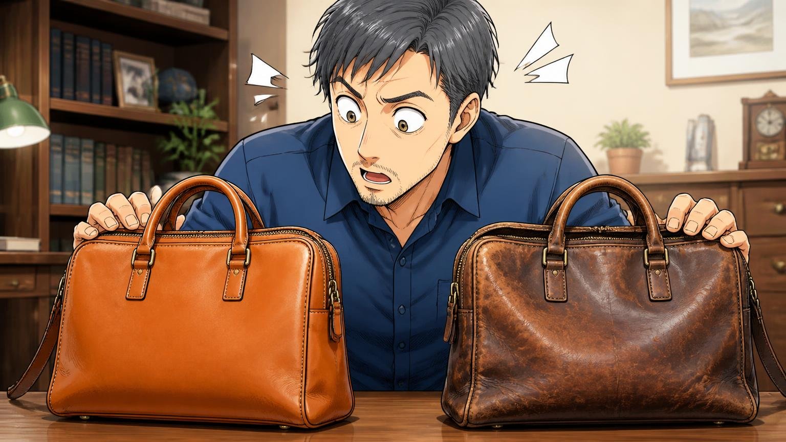口コミは「何年使った人の声か」で読むと矛盾しない 書斎で新品と使い込んだ革バッグを並べて見比べる40代男性1人が驚く場面
