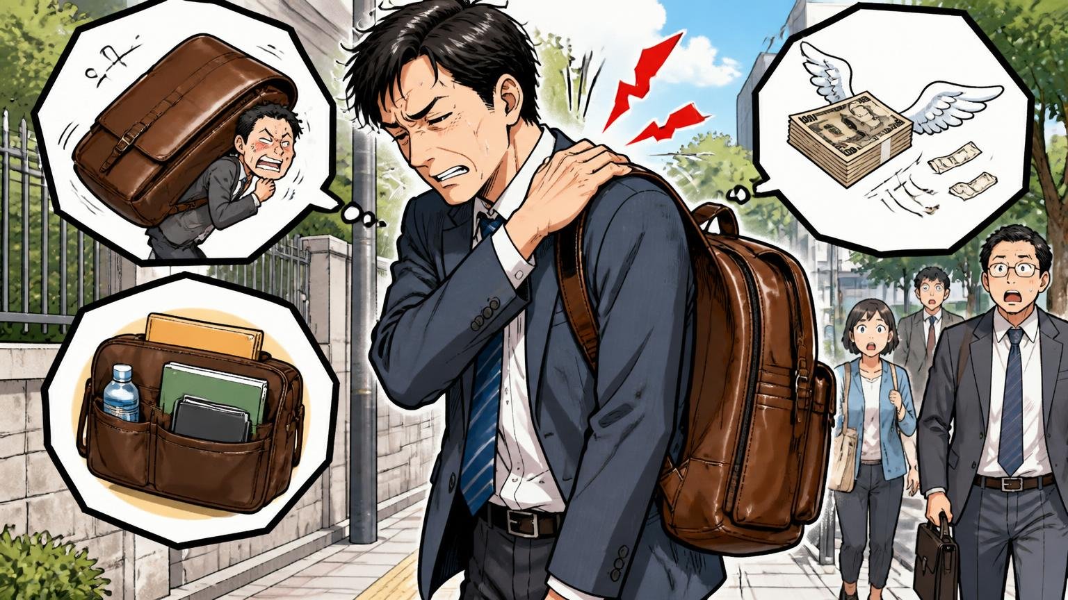 悪い評判の傾向：重い・ポケットが少ない・価格が高い 通勤路で革リュックを背負う40代男性1人が肩を気にする場面