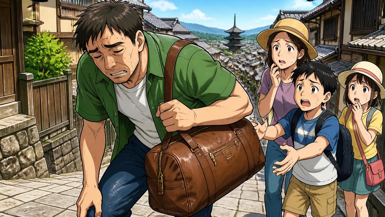 気になる口コミ｜重い高い肩に掛けにくい 観光地の坂道で革のボストンの重さに肩を落とす男性1人と心配そうな家族1人