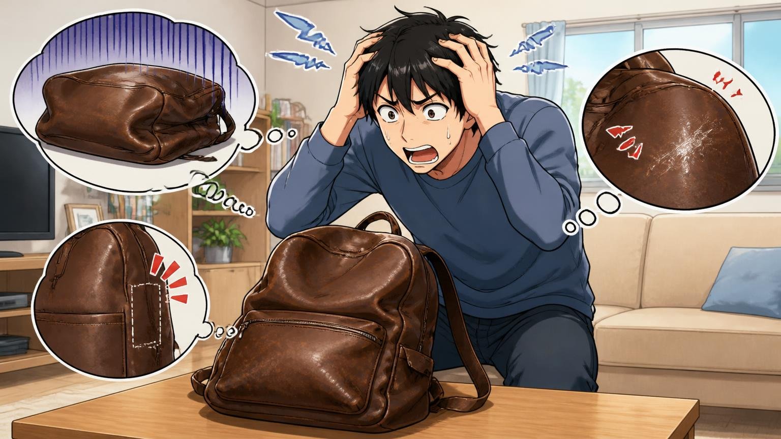 悪い口コミ｜「型崩れ」「外ポケットが少ない」「キズが心配」　自宅のリビングで形の崩れた革リュックを見つめ頭を抱える男性1人
