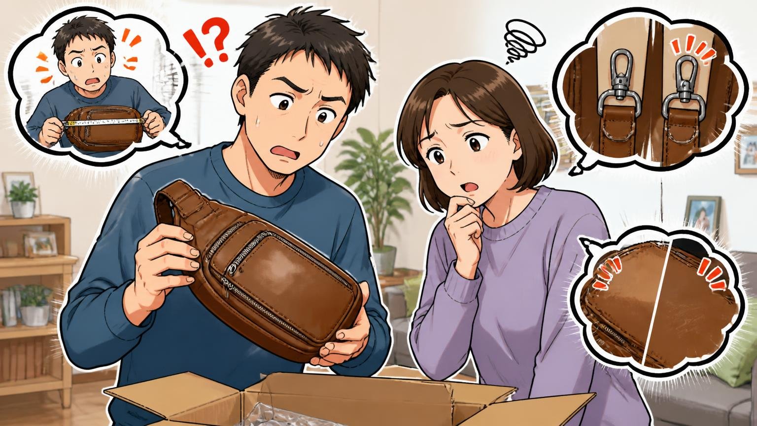 気になる評判は「思ったより小さい」「金具などの個体差」「写真との色の差・傷」の3つ 自宅のリビングで届いた革のボディバッグを手に首をかしげる40代夫婦2人