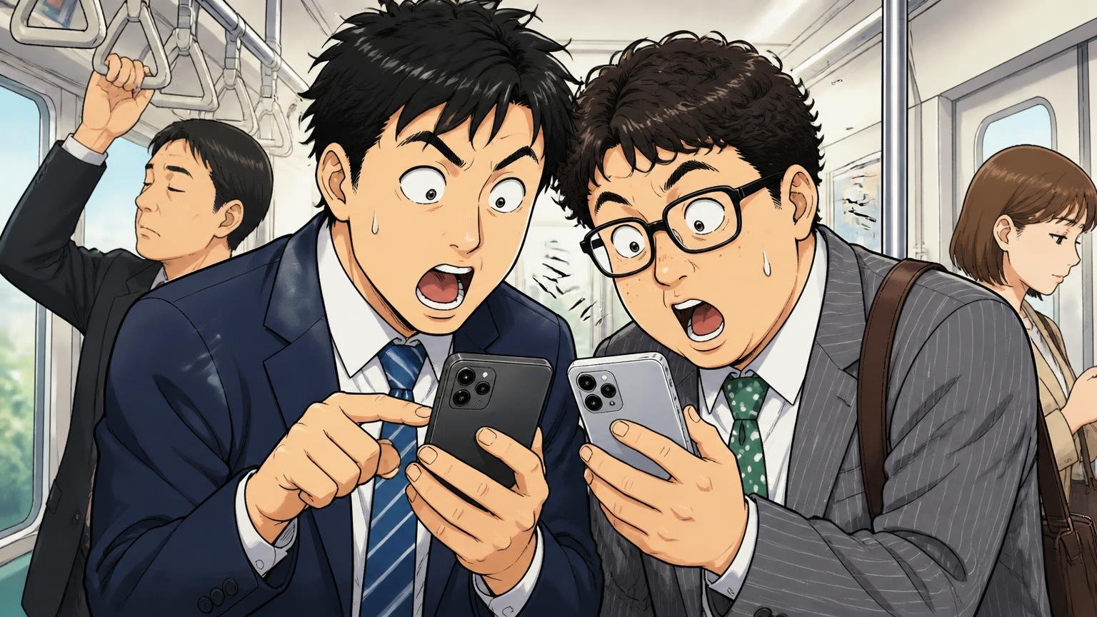 口コミは誰のどんな使い方の声かで読むと判断がブレない、通勤電車でスマホのレビューを読み比べる会社員2人が驚く場面