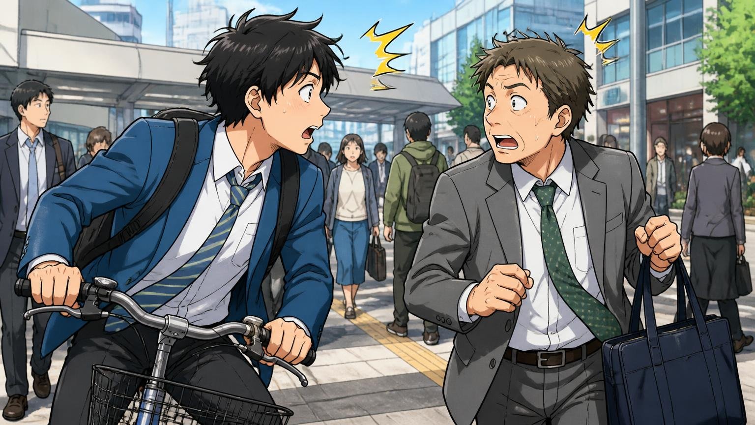 評判が割れる理由は「品質」より「使い方との相性」、駅前で自転車通勤の男性と手提げで歩く男性の2人が驚いて顔を見合わせる場面