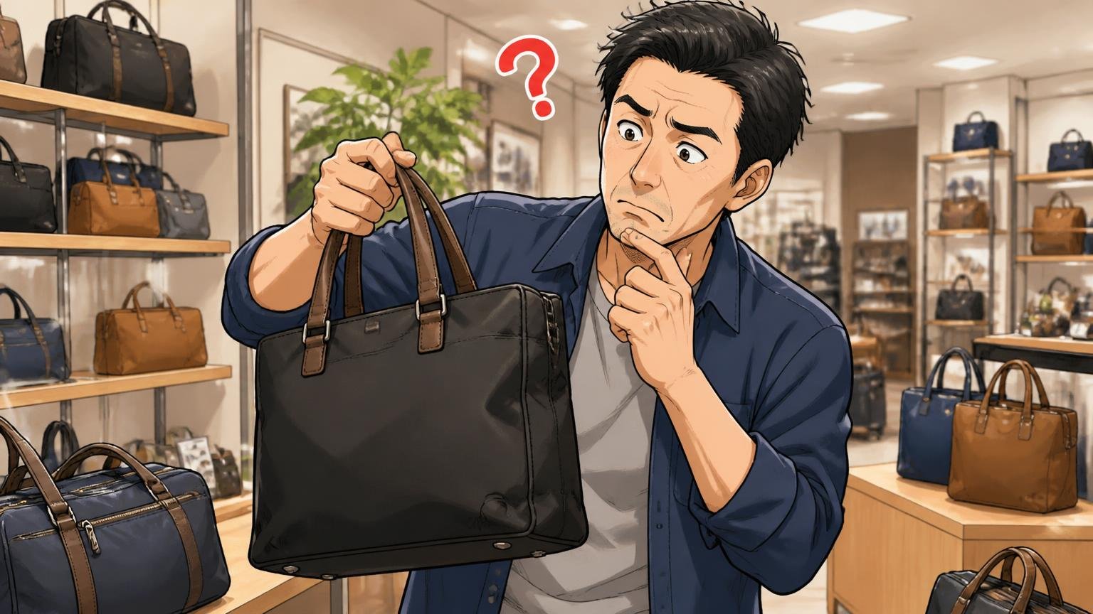 何グラムから「重い」？手持ちバッグの体感の目安、店頭でバッグを手に提げて重さを確かめる場面、40代男性1人が首をかしげる