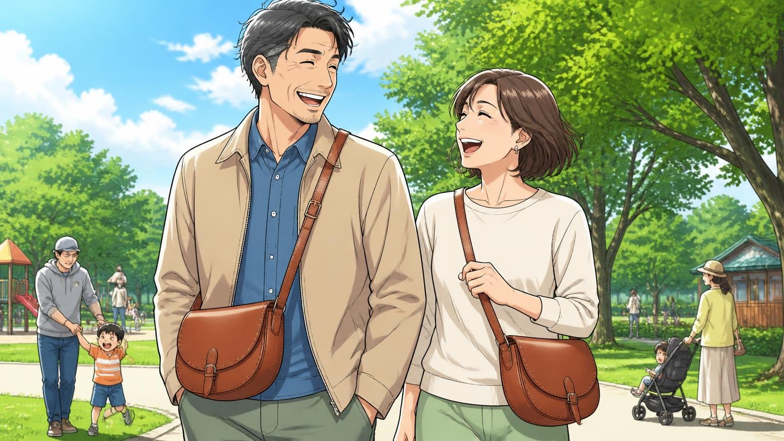 休日や肩掛けで育てる革を楽しむなら鞄いたがき、休日の公園で鞍の形のショルダーバッグを掛けて笑い合う40代夫婦2人
