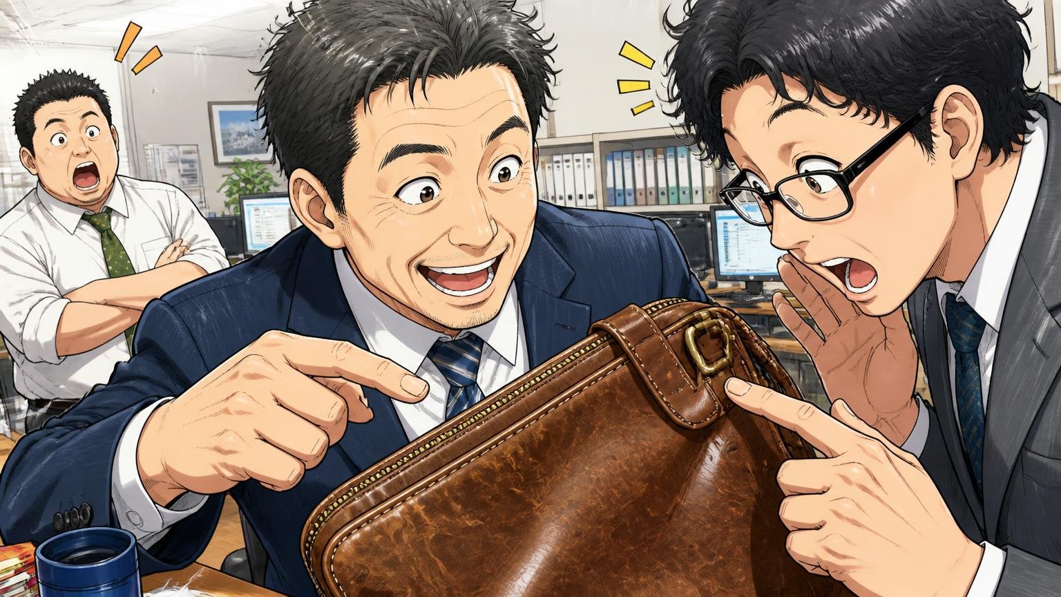 実態：作りの確かさを評価する声が大半 オフィスのデスク脇で40代男性が使い込んだ革のビジネスバッグの縫い目を同僚に見せて感心される場面