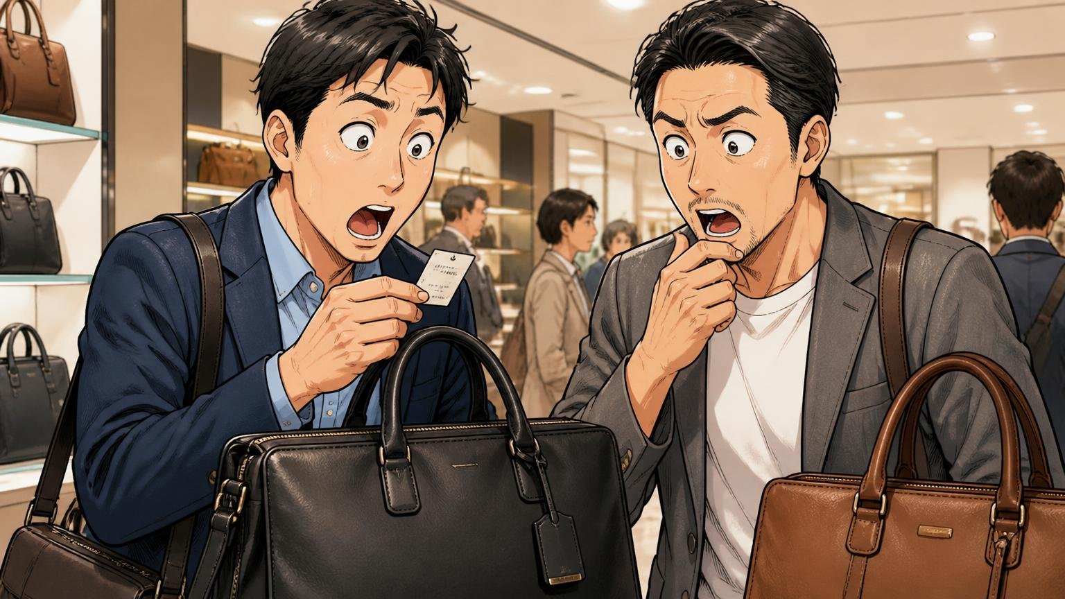 価格帯から見ても「社会人が選ぶ2本目の革バッグ」の位置 百貨店の鞄売り場で値札を確かめる30代と40代の男性2人が驚いた表情を見せる場面