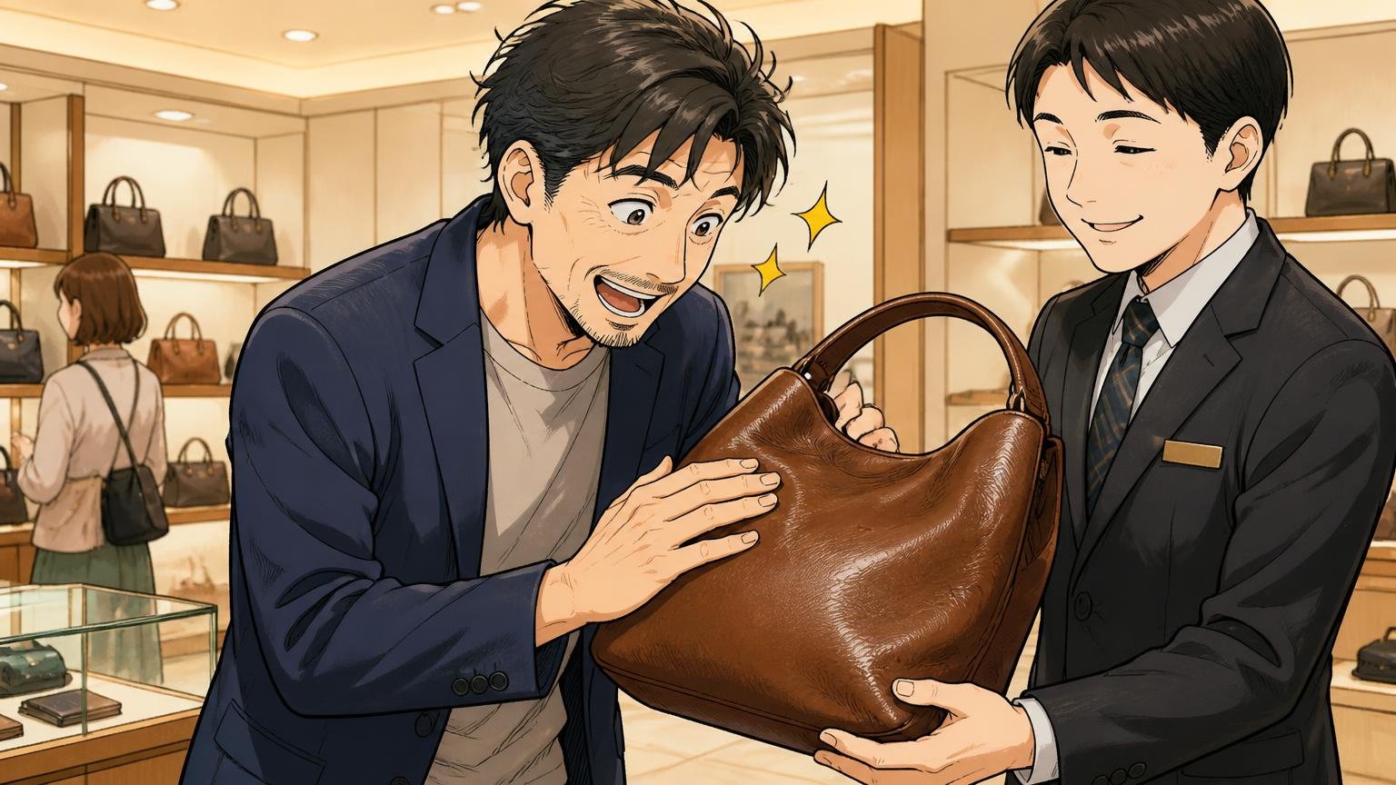 革の表情と価格の手頃さで選ぶならアニアリ、百貨店の鞄売り場で柔らかな革のバッグを撫でて目を輝かせる40代男性と店員の2人