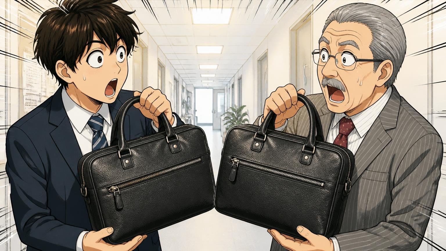 20代・60代以上が持つと浮く？ オフィスの廊下で若手社員とベテラン社員が同じ革バッグを見比べて目を丸くする場面