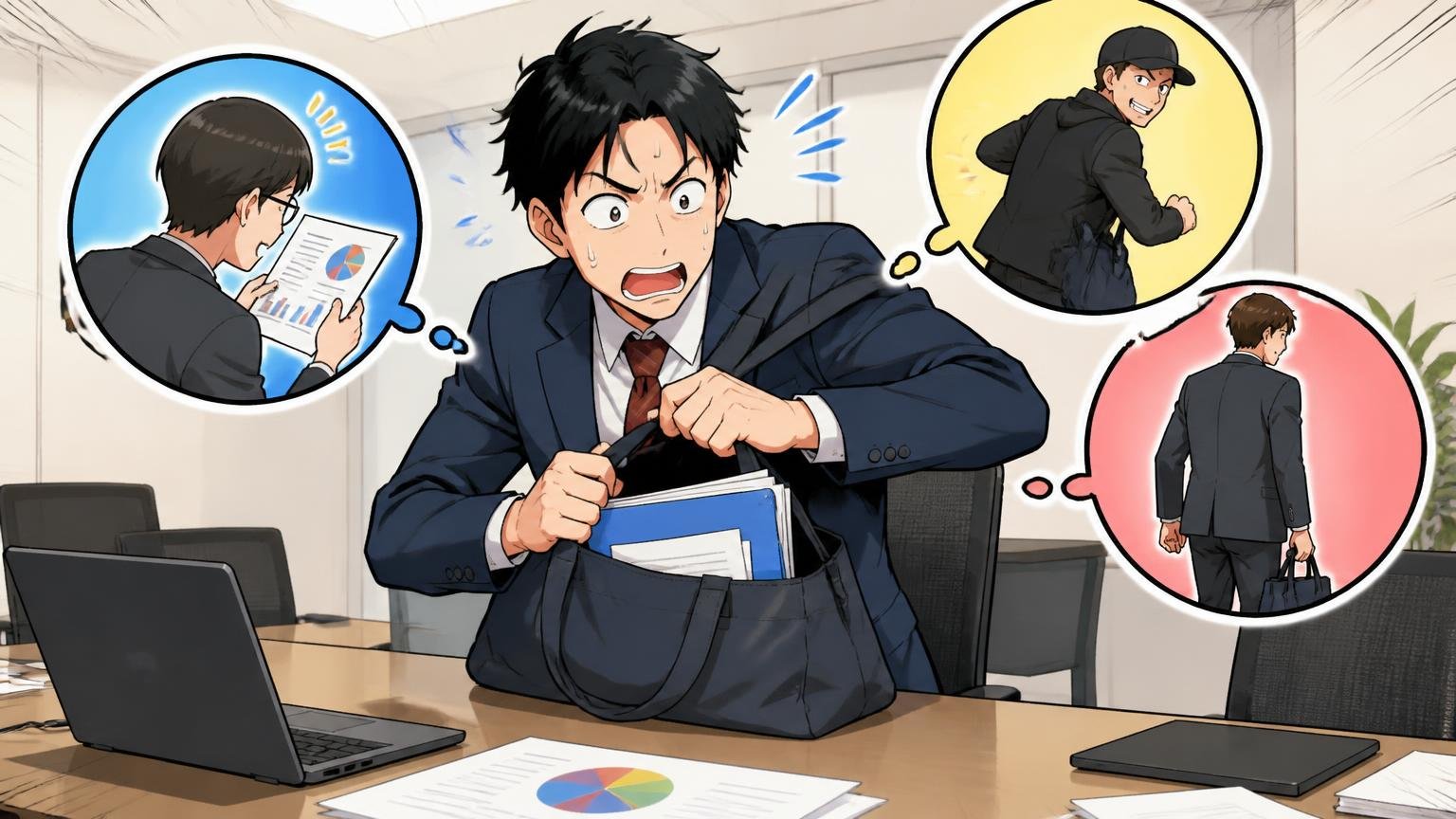 「見られる」「抜かれる」「持っていかれる」3つのリスクを分けて考える　会議室のテーブルで口の開いたトートから書類がのぞき男性が慌てて隠す場面