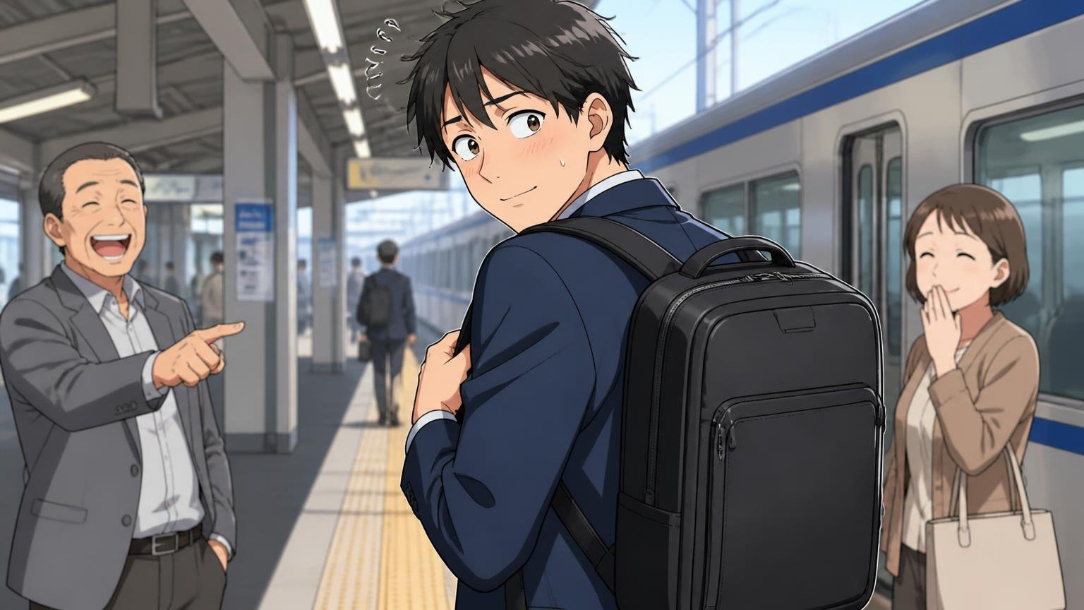 20代後半が持っても浮かない？「年齢層は30〜40代」の受け止め方 駅のホームで20代後半の男性が新しいビジネスリュックを背負い照れる場面