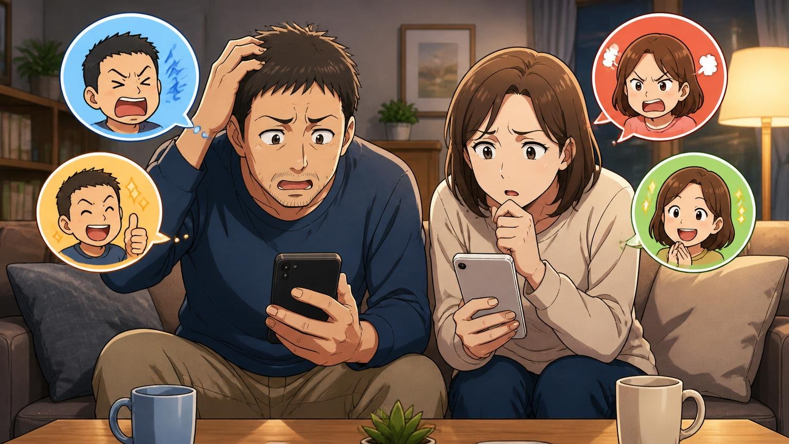 評価が割れる本当の理由は「買った直後の声」と「使い込んだ後の声」の差夜のリビングでスマホの口コミを見比べる40代夫婦2人が首をかしげる場面