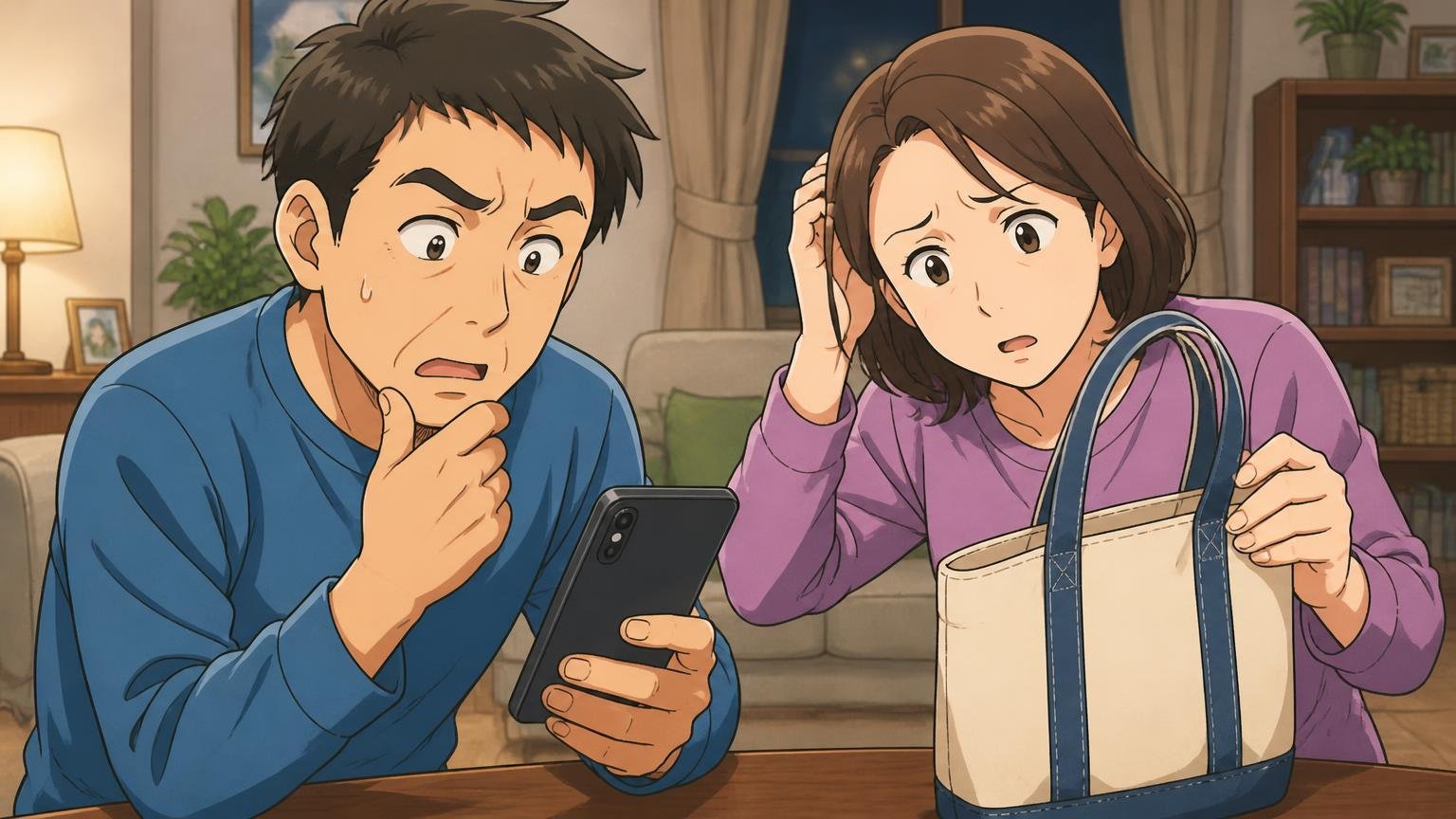 評判が真っ二つに割れる理由は「口コミを書いた時期」の違い 夜のリビングでスマホの口コミと届いたトートを見比べて首をかしげる40代夫婦2人