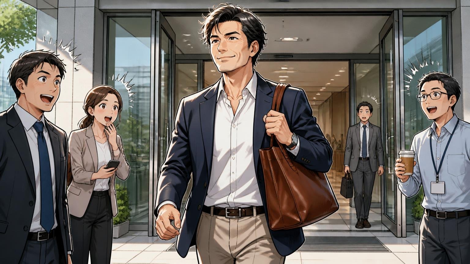 40代が持っても浮かない3つの理由｜朝のオフィスの入り口で革のトートを持つ40代男性1人が胸を張って歩く場面