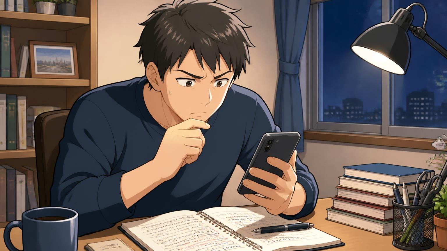 口コミを読むときの注意｜出どころは公式掲載とブログ 夜の自宅デスクでスマホとノートを見比べて考え込む男性1人の場面