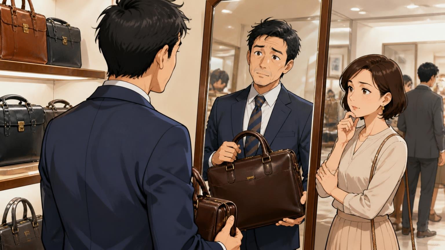 評価が割れる「おじさんっぽい」は、40代にはどう映る? 百貨店の鞄売り場の鏡の前で革のブリーフケースを持って自分の姿を確かめる40代男性と妻の場面