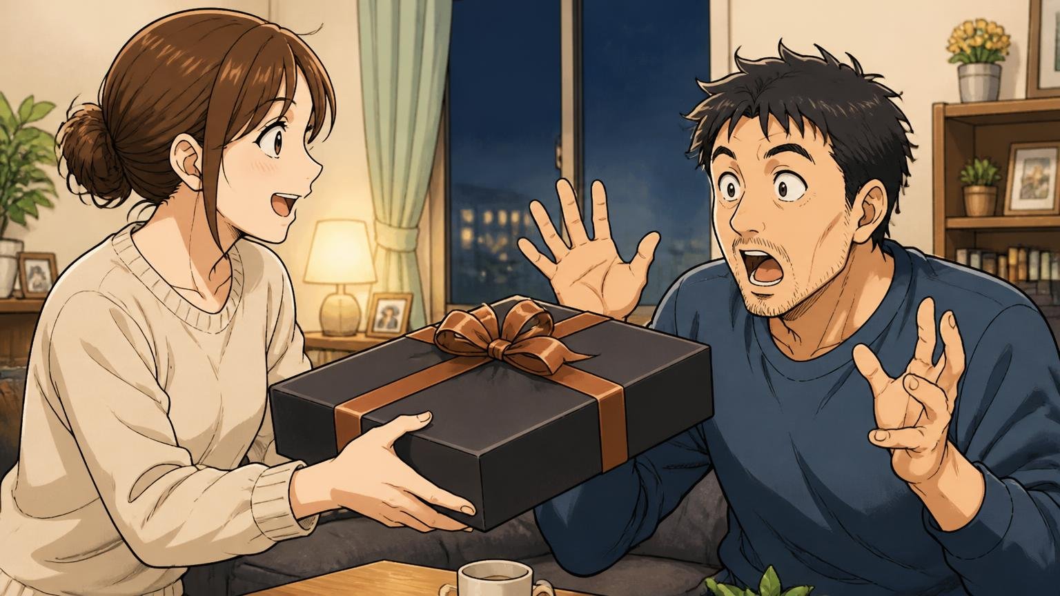 50代や「家族へのプレゼント」で選ぶ人も多い　夜のリビングで30代の女性が40代の夫にラッピングされたバッグの箱を手渡し夫が目を丸くする場面