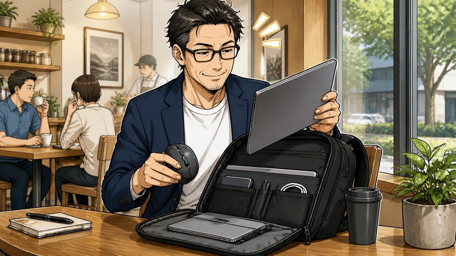 良い口コミ③PCやガジェットの定位置が決まるポケット設計、カフェの席でリュックからPCとマウスを取り出す40代男性1人が満足げに笑う場面