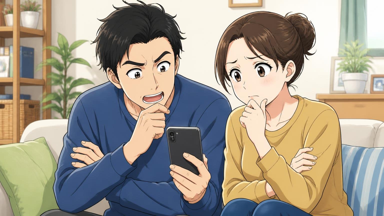 口コミの評判をひと言でまとめると「この値段なら満足」　自宅のリビングでスマホの口コミを読みながら腕を組んで考え込む男女2人