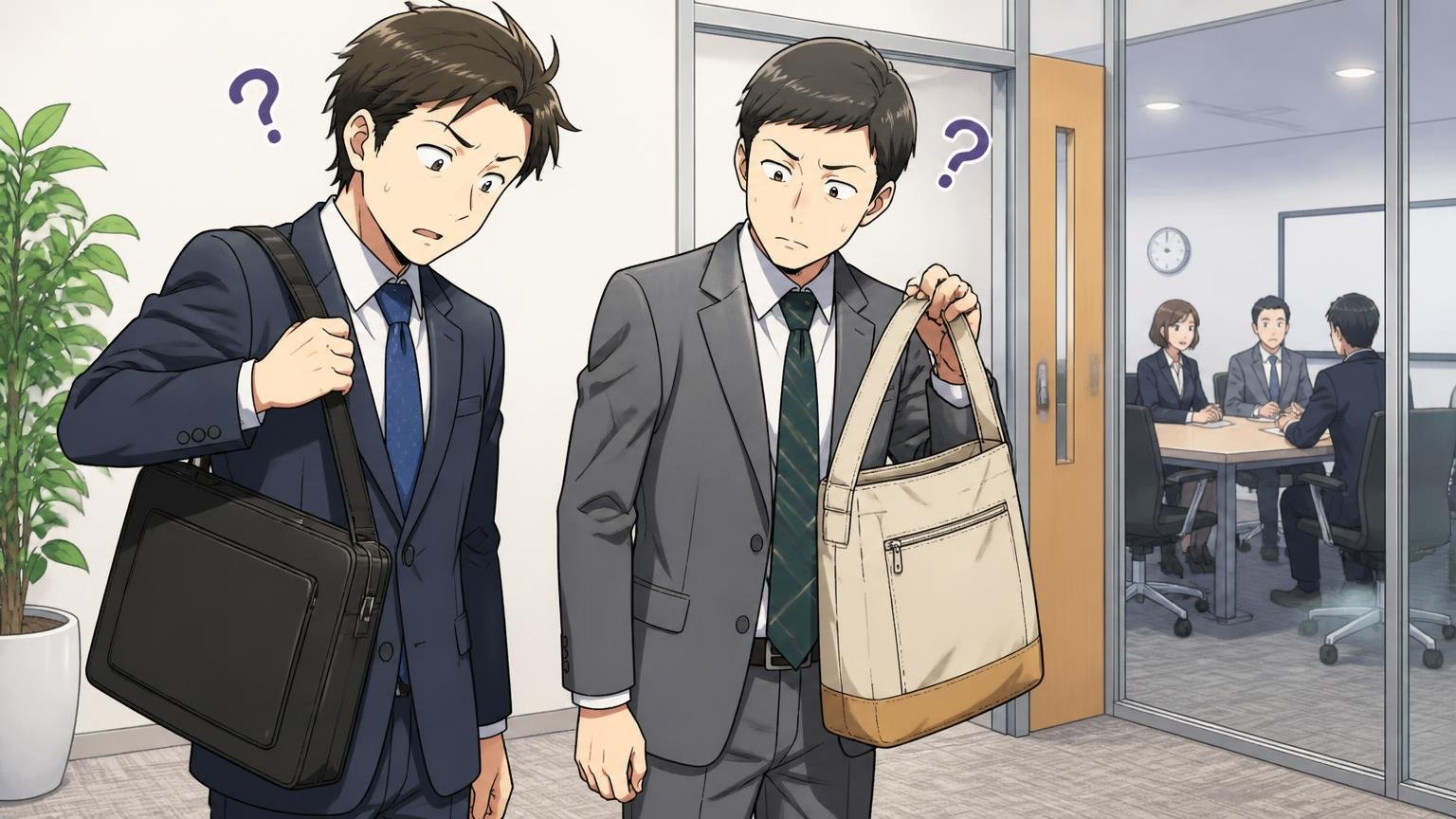 悪い評判①：ビジネス用には「カジュアルに見える」ことがある 会議室の前でスーツ姿の同僚と自分のバッグを見比べて首をかしげる男性2人