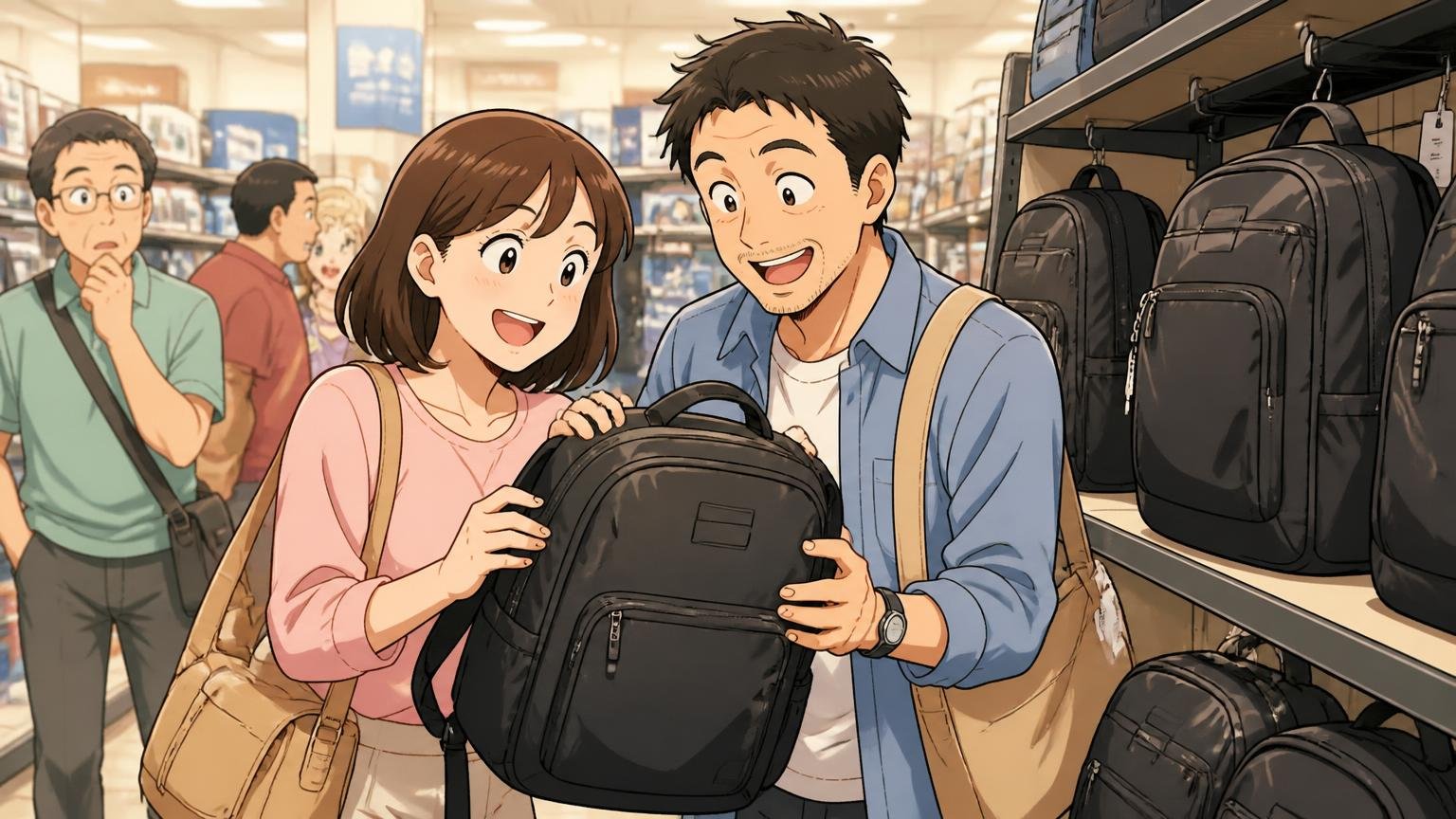 2代目・3代目・8個目…リピーターが多いのは何を意味する？ 家電量販店のバッグ売り場で同じリュックを手に取り笑う夫婦2人