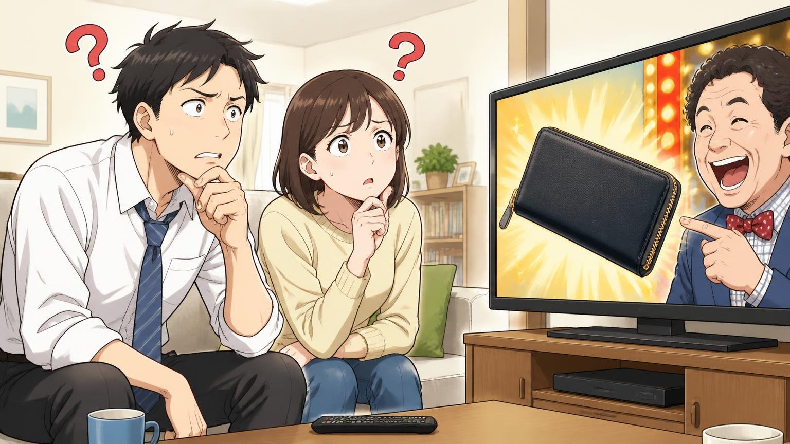 お笑い芸人愛用説の正体は番組で紹介された長財布、自宅のリビングでテレビの財布特集を見ながら首をかしげる会社員の男女2人の場面