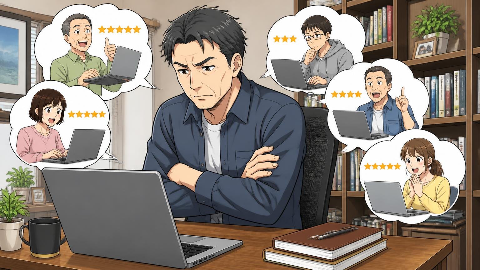 口コミを読むときは「どの製品を、どう使った人の声か」を見る 自宅の書斎でノートPCの口コミを読み込む40代男性1人が腕を組む場面