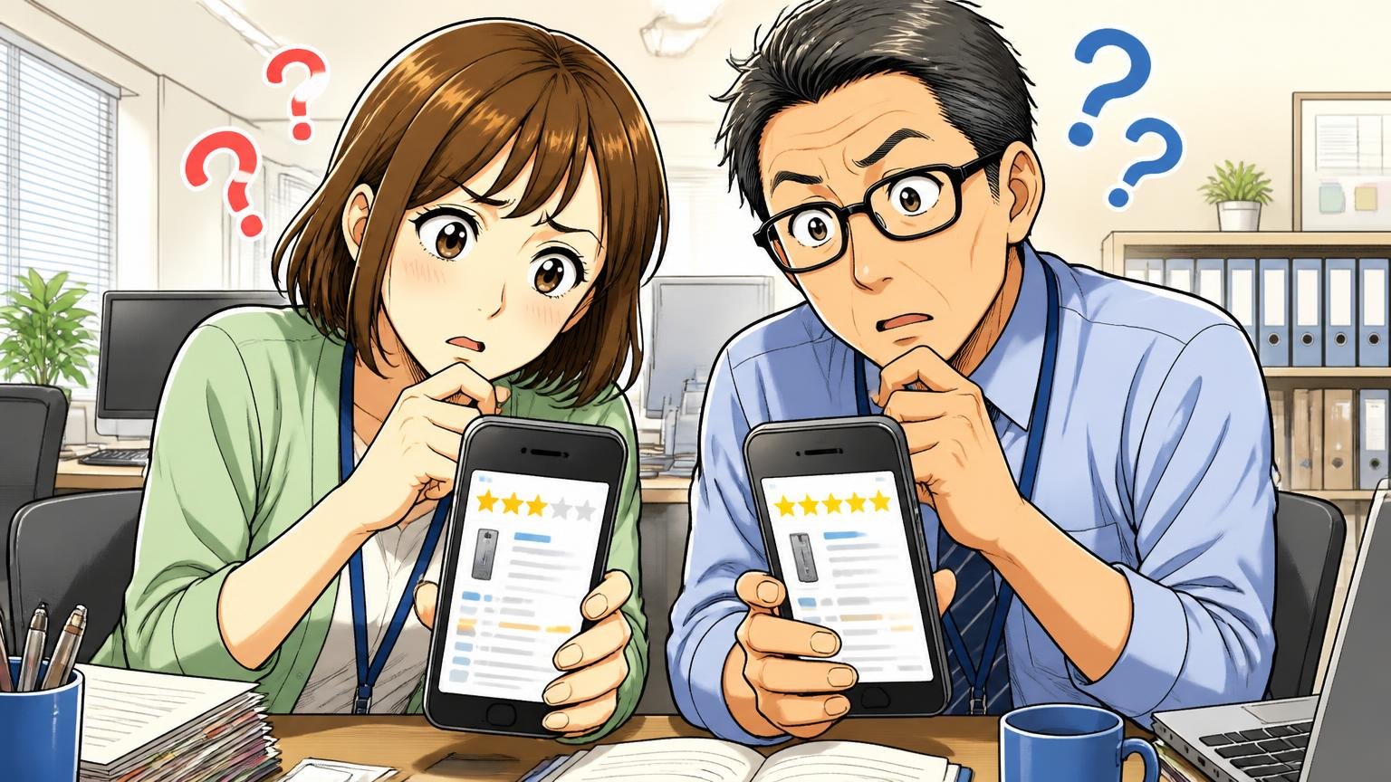 評価が★2.9〜4.7まで割れるのは「型番」と「使い方」が違うから オフィスのデスクで30代女性と40代男性がスマホのレビュー画面を見比べて首をかしげる場面