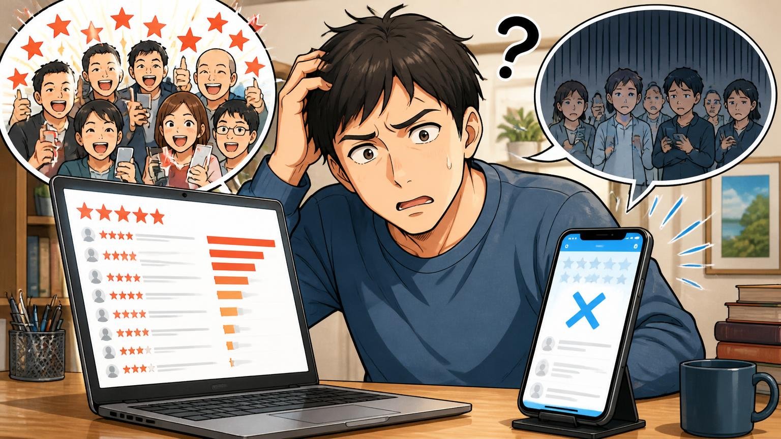 口コミはどこにある？楽天に集中、Xは0件。自宅の書斎でノートPCとスマホを並べて口コミを探す30代男性1人が首をかしげる場面