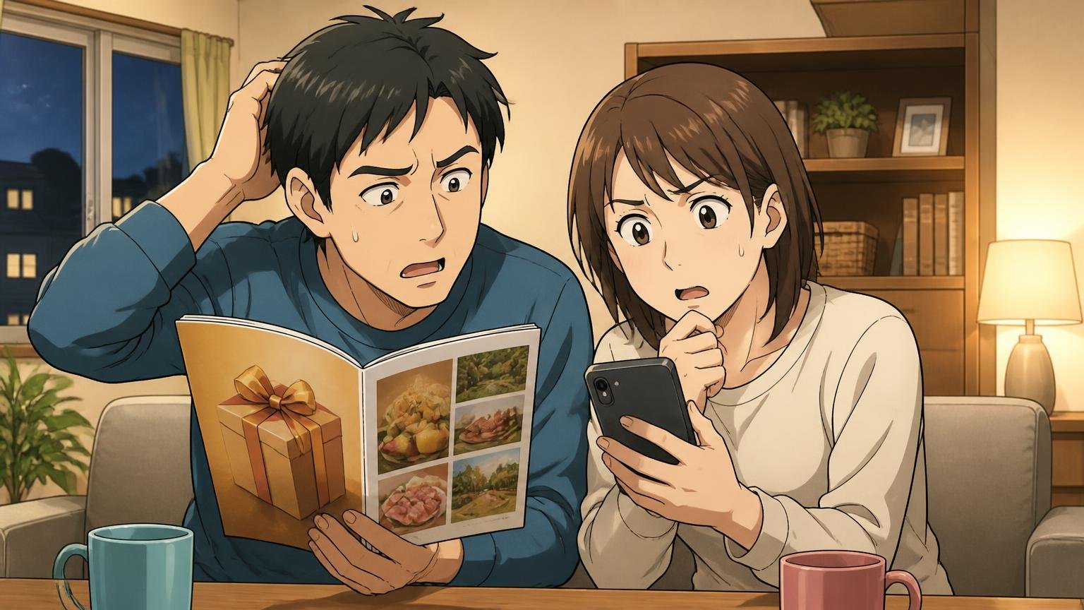 口コミがほとんど見つからないのは「ギフト中心」で売られているから 夜のリビングでカタログギフトとスマホを見比べる夫婦2人が首をかしげる場面
