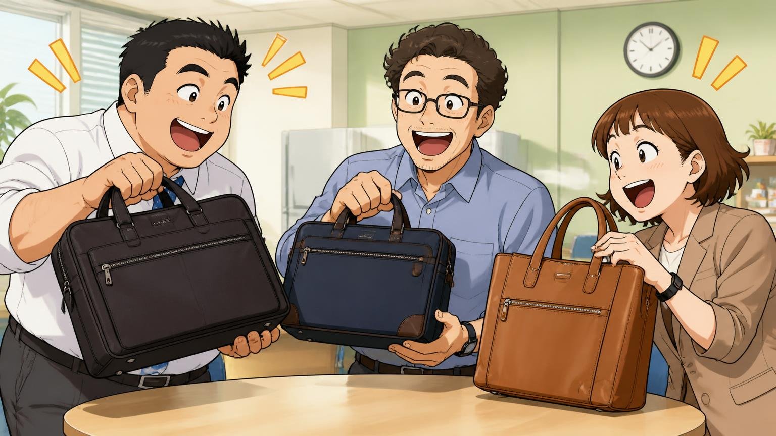 口コミの全体像|良い声8:悪い声2、使っている年代は30〜60代と幅広い 会社の休憩室で同僚3人がそれぞれのビジネスバッグを見せ合い笑う場面