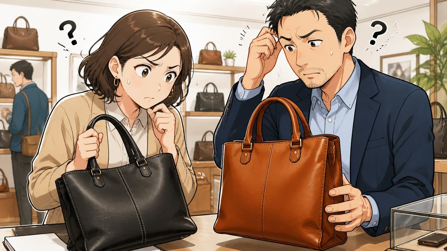「黒い革なら平気」は誤解？同じ本革でも仕上げで水への強さが違う、店内で黒と茶の革バッグを見比べる30代女性と40代男性が首をかしげる場面