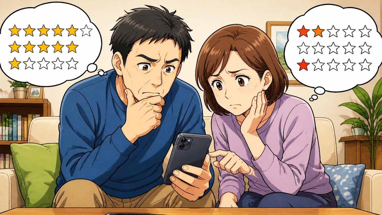 星の数で見る評判:高評価は64%、低評価も23%ある 自宅のリビングでスマホのレビュー画面を見比べる40代夫婦2人が真剣に悩む場面