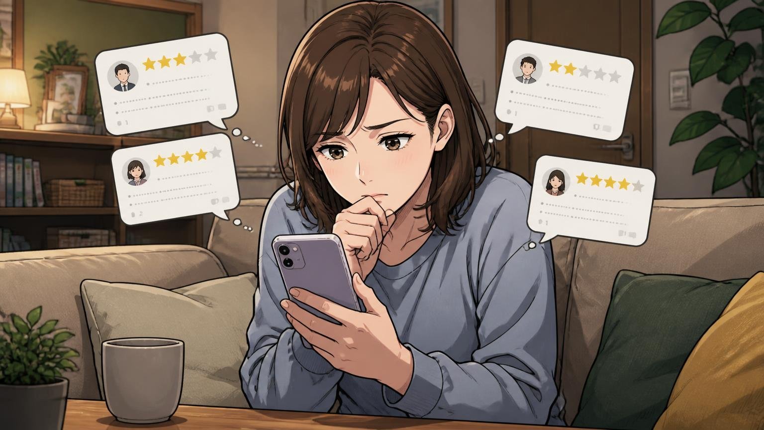 口コミの件数は少ない。星の数だけで決めないで。夜のリビングでスマホのレビュー画面を見比べて考え込む30代女性1人の場面