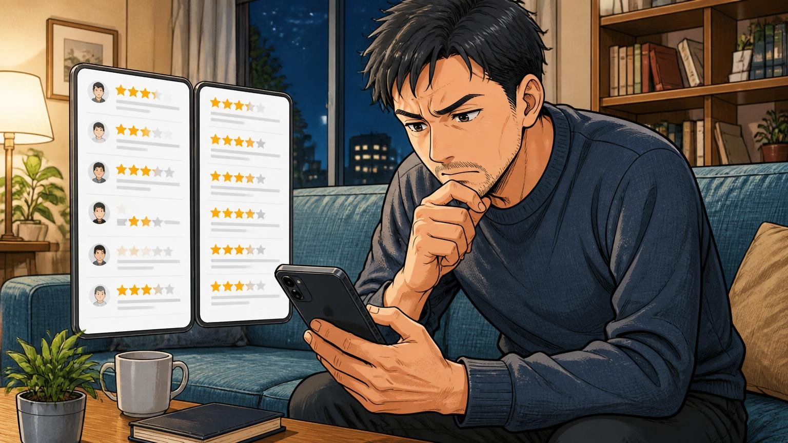 星の数より「何年使った人の声か」で評判を読む 夜のリビングでスマホのレビュー画面を見比べる場面 40代男性1人が眉をひそめて考え込む