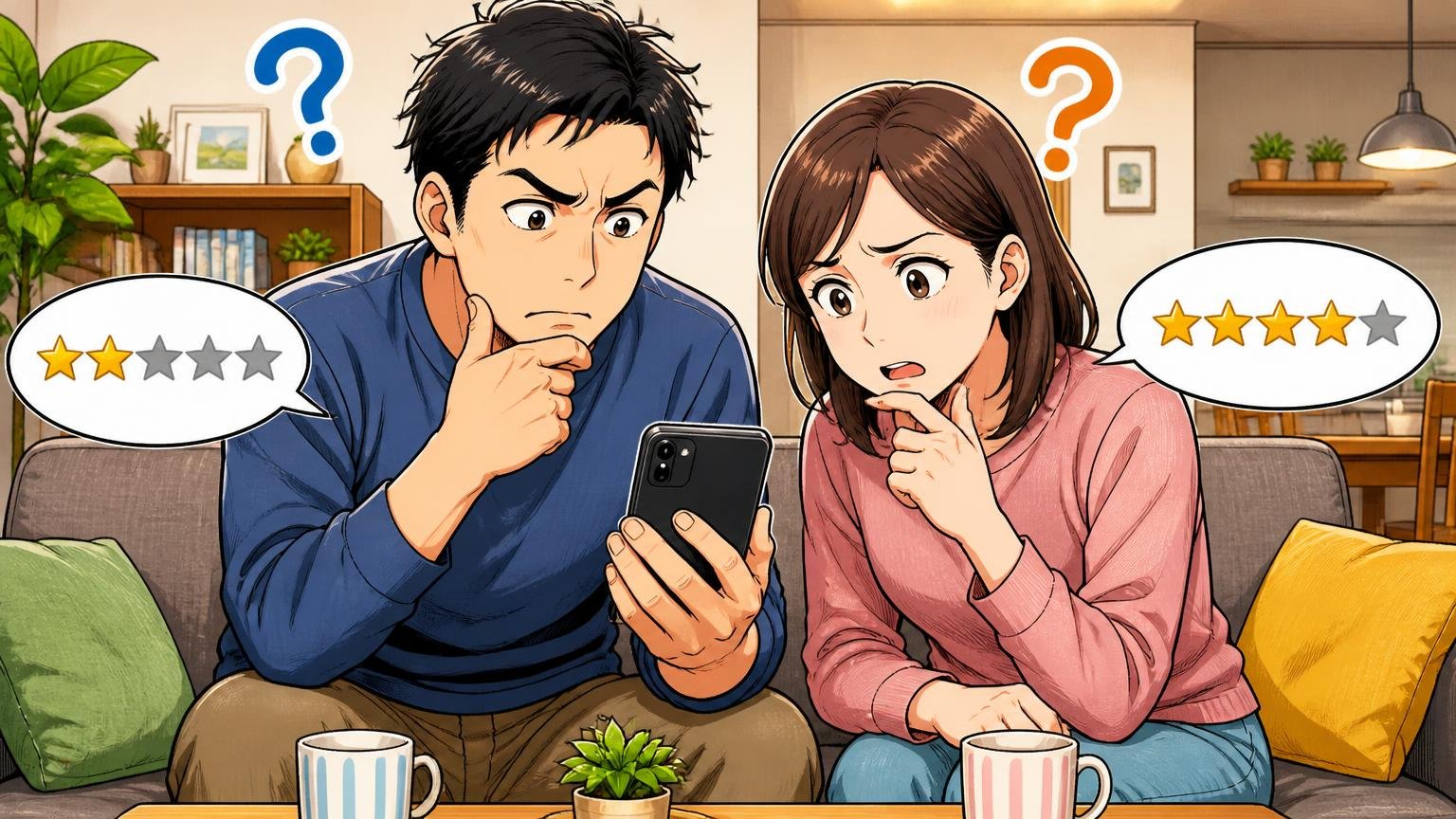 星の内訳で評価が割れている、自宅のリビングでスマホのレビュー画面を見比べて首をかしげる夫婦