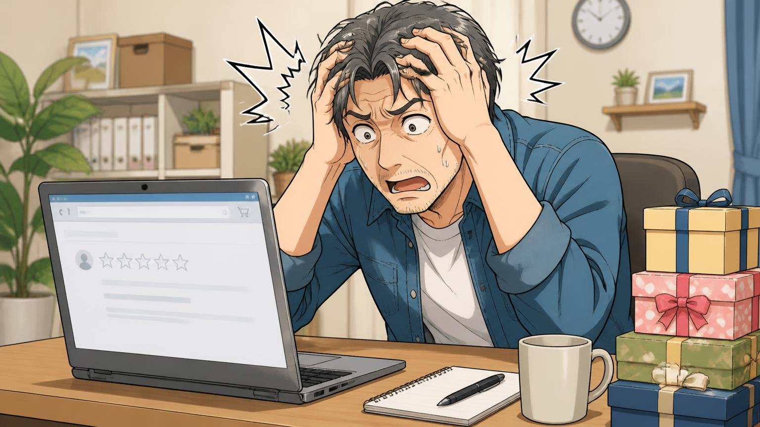 通販サイトのレビューがほぼ0件なのは、ギフト流通が中心だから自宅の机でノートPCの空のレビュー欄を見つめ頭を抱える40代男性1人の場面