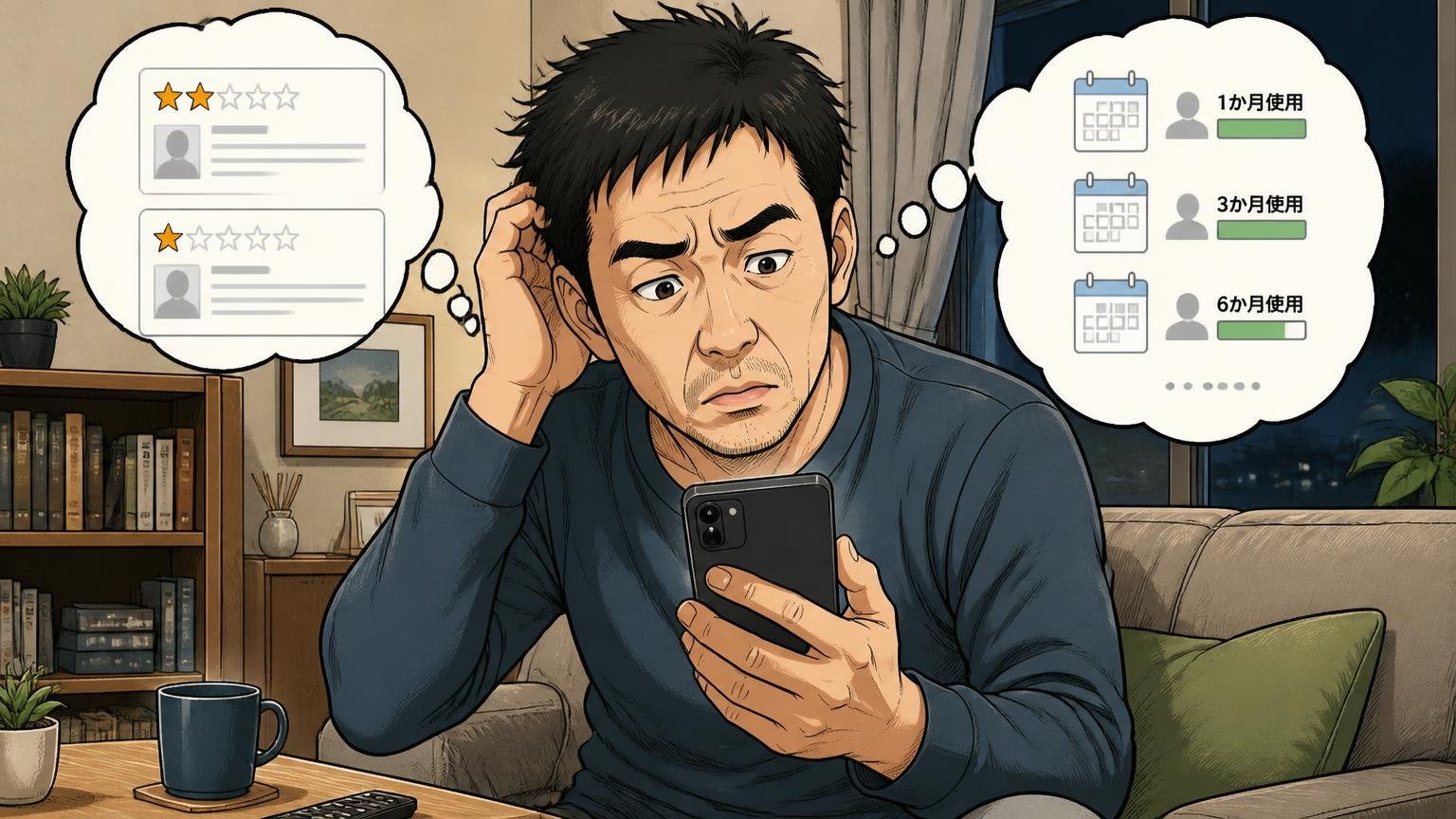 口コミは少なめ｜星の数より「何か月使った声か」を見る夜のリビングでスマホのレビュー画面を見比べる40代男性1人が首をかしげる場面