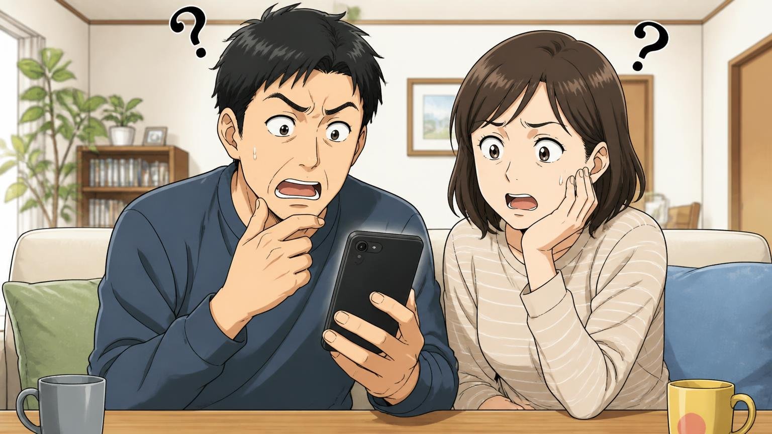土屋鞄は重い・後悔の口コミはランドセルの話が多い、自宅リビングで40代夫婦がスマホの検索結果を見て首をかしげる場面