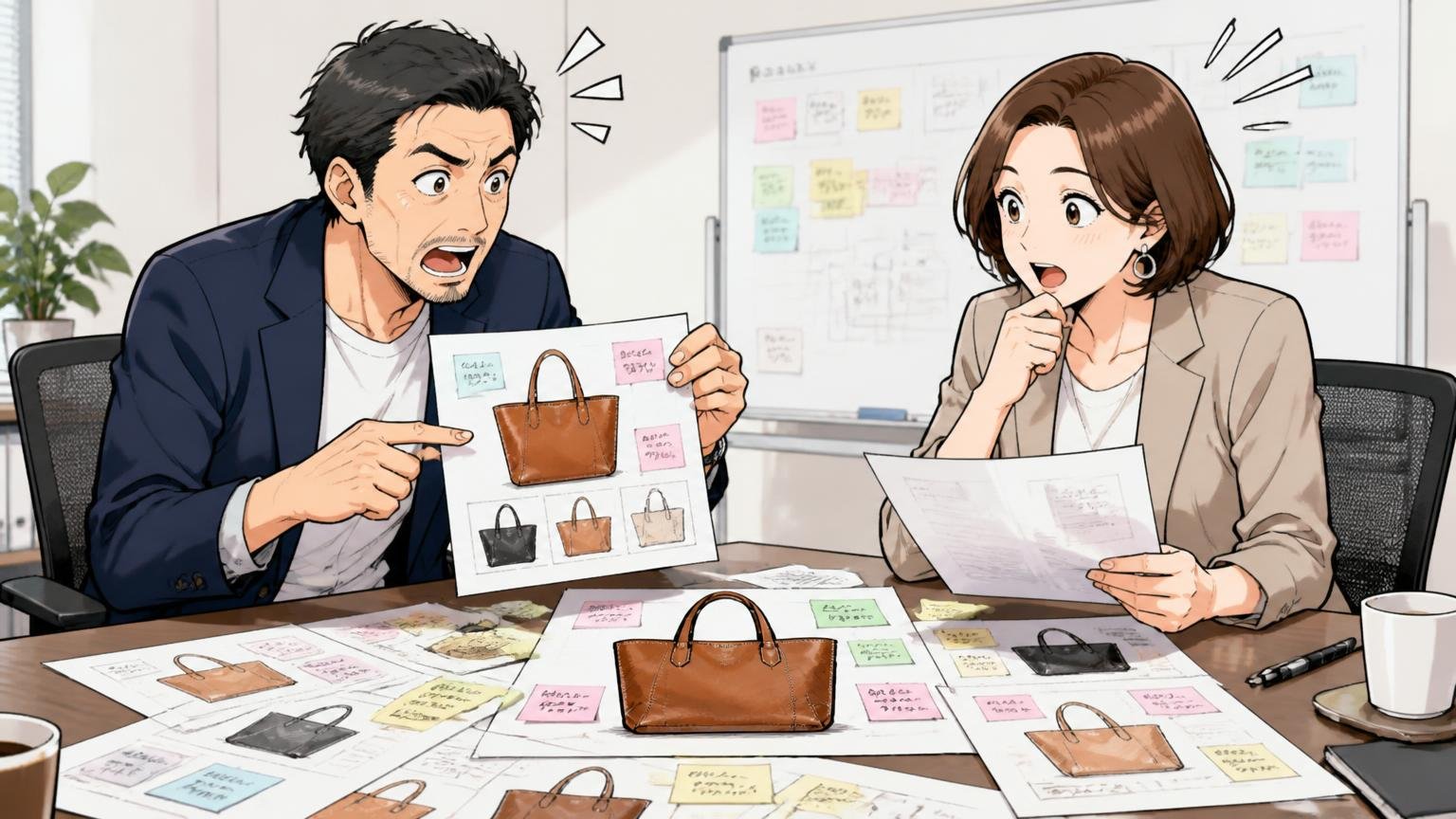 評判を一覧で整理すると、評価は「使う場面」でくっきり分かれる、オフィスの会議室で革トートの評判メモを広げて相談する40代男女2人