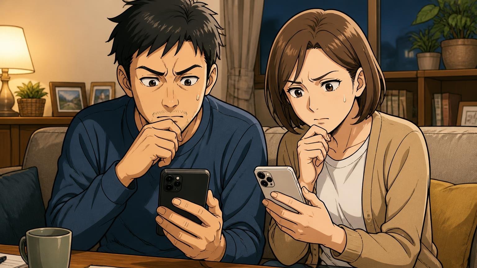 口コミを読む前の2つの注意　夜のリビングでスマホのレビューを見比べる40代男性と妻が考え込む場面