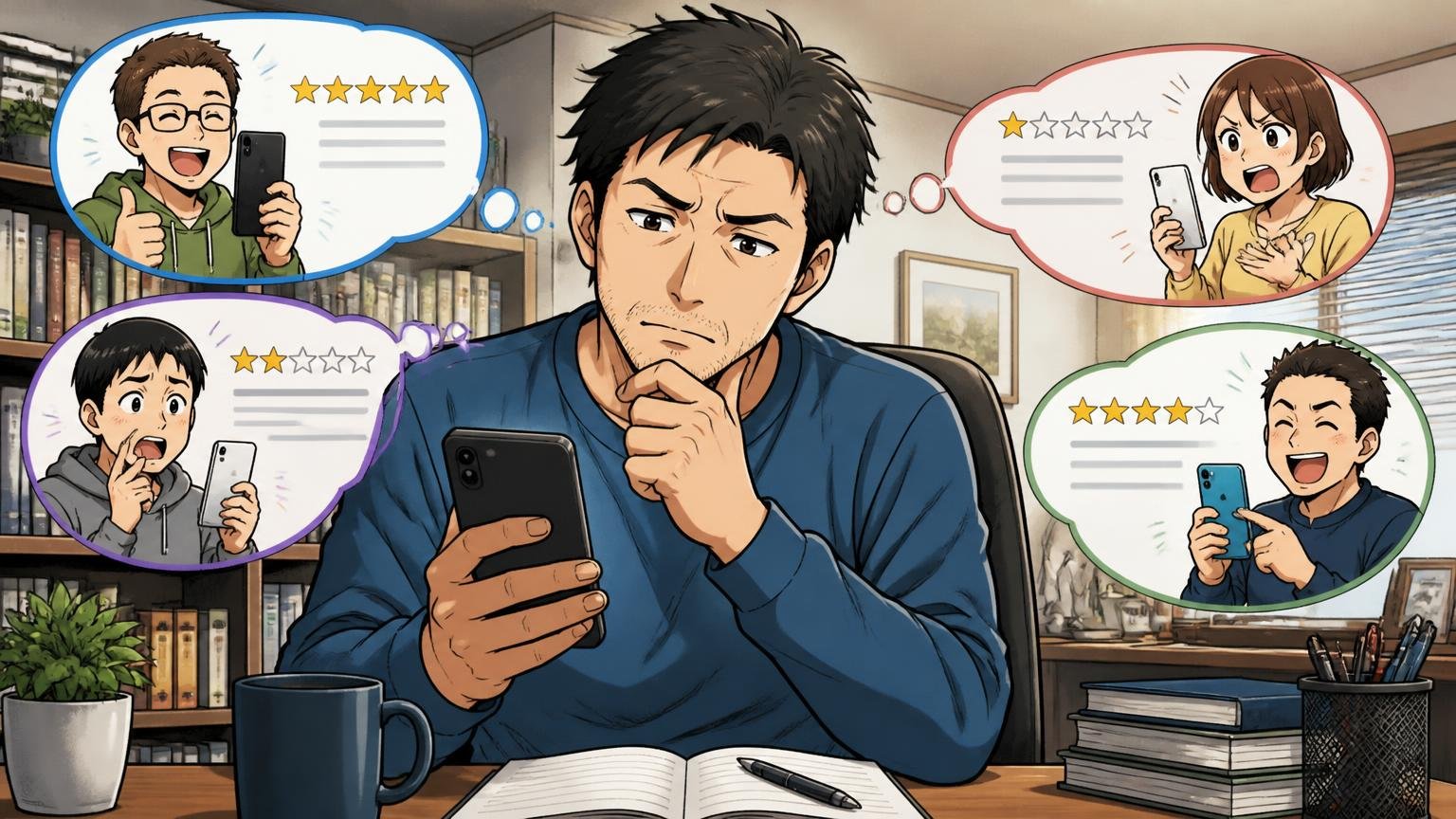 評価が割れる理由は「どのモデルを、どう使ったか」の違い 自宅の書斎でスマホの口コミを見比べる場面 40代男性1人が首をかしげて考え込む