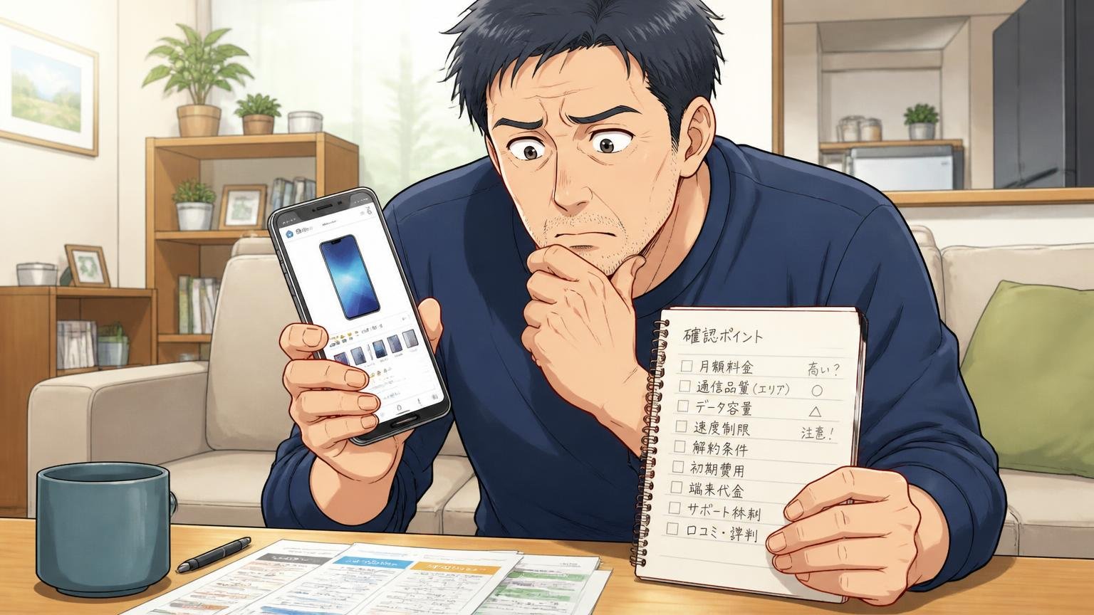 結論:合う人には満足度が高いが、"今"買うなら確認が欠かせない/自宅のリビングでスマホの販売ページとメモを見比べて考え込む40代男性1人