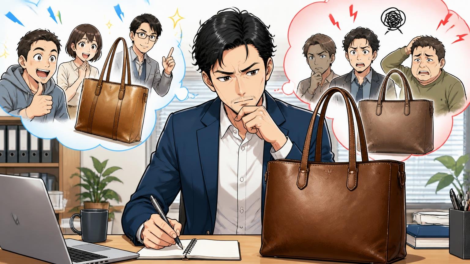 良い評判・悪い評判をひと目で比べる　オフィスのデスクで革のトートを前にメモを取りながら比較する40代男性1人が真剣な表情