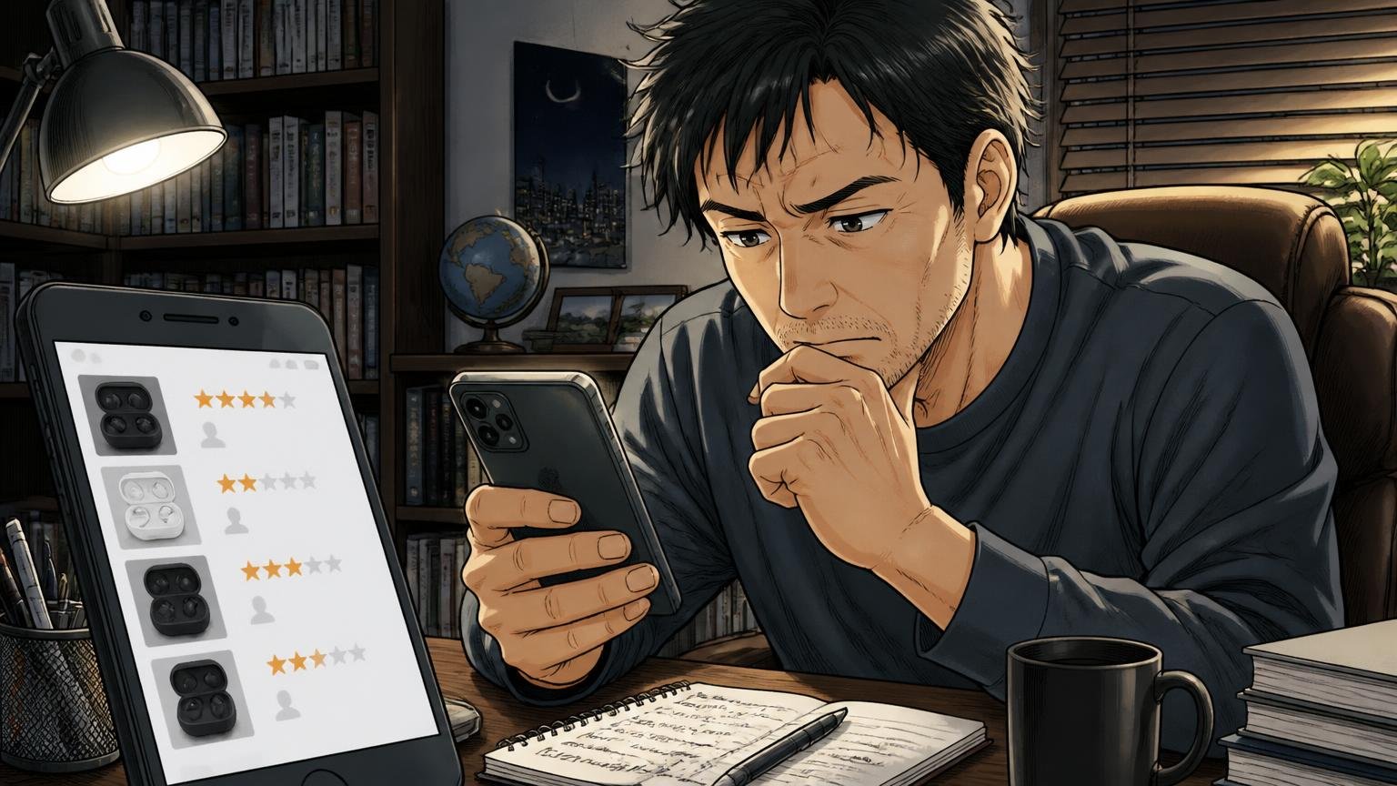 口コミの数は少ない、だから「どのシリーズの声か」で読む夜の書斎でスマホのレビュー画面を見比べて考え込む40代男性1人