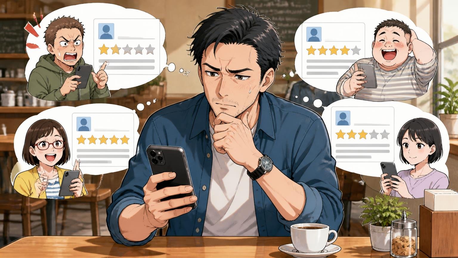 口コミを読む前に知っておきたい「声の出どころ」と件数、カフェのテーブルでスマホの口コミを見比べる40代男性1人が眉をひそめて考え込む場面