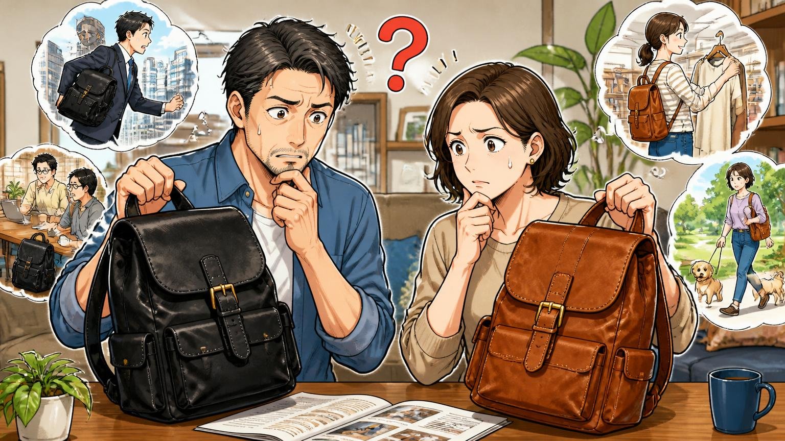評判が割れる本当の理由は「品質」ではなく「使い方とのミスマッチ」 自宅で2つの革リュックを見比べる40代夫婦2人が悩む場面