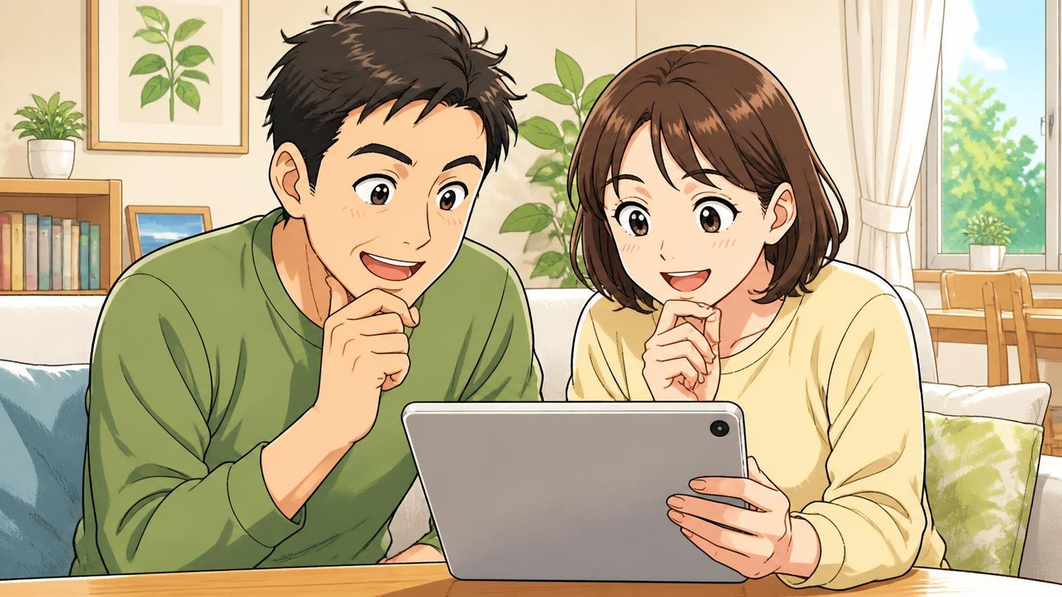 口コミの評判を一覧で整理｜早見表 自宅のリビングでタブレットの口コミを見比べ頷く夫婦2人