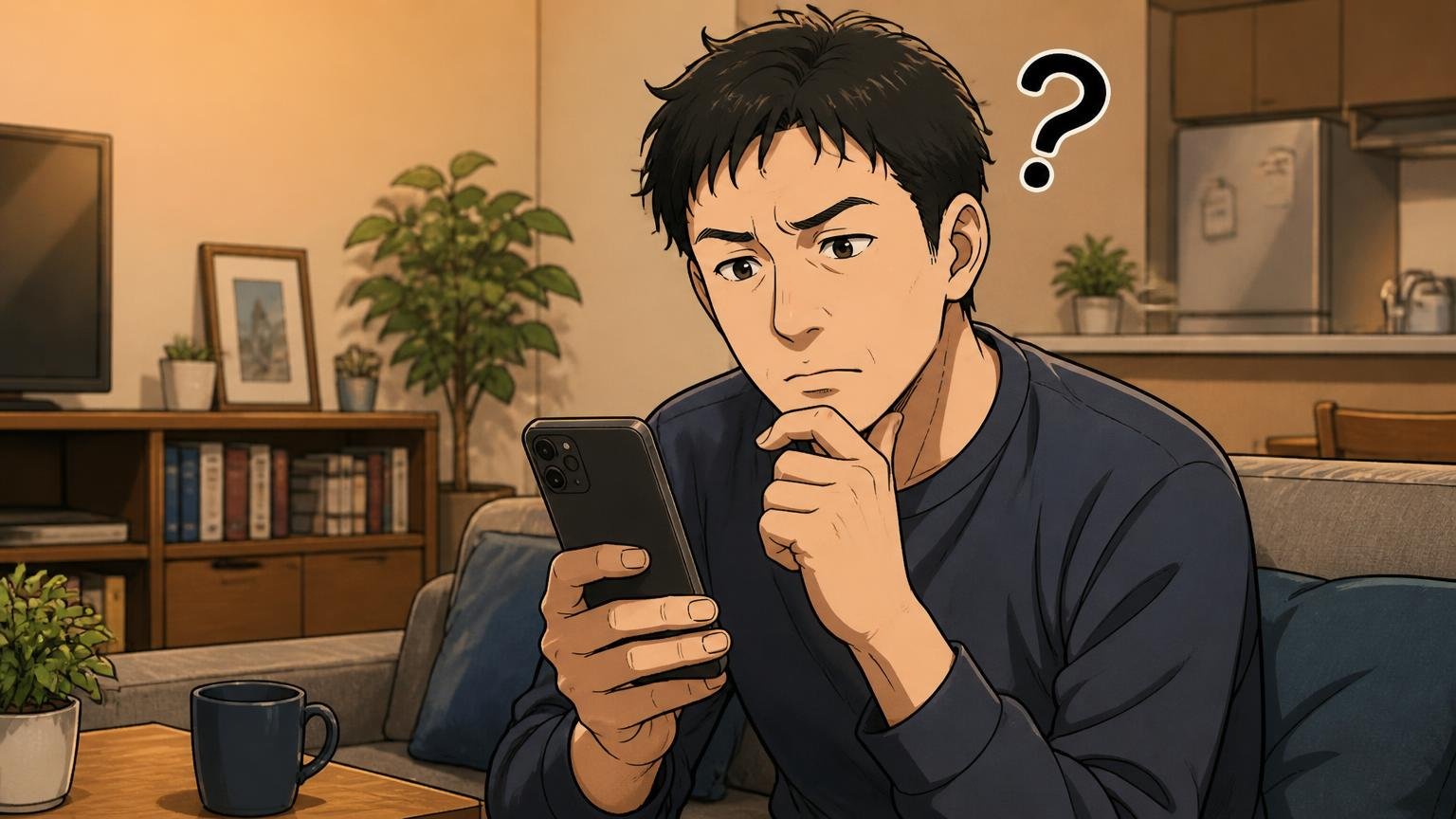 結論：評判は悪くない。ただし「口コミの数が少ない」ことは知っておきたい、夜のリビングでスマホのレビュー画面を見る40代男性1人が首をかしげる場面